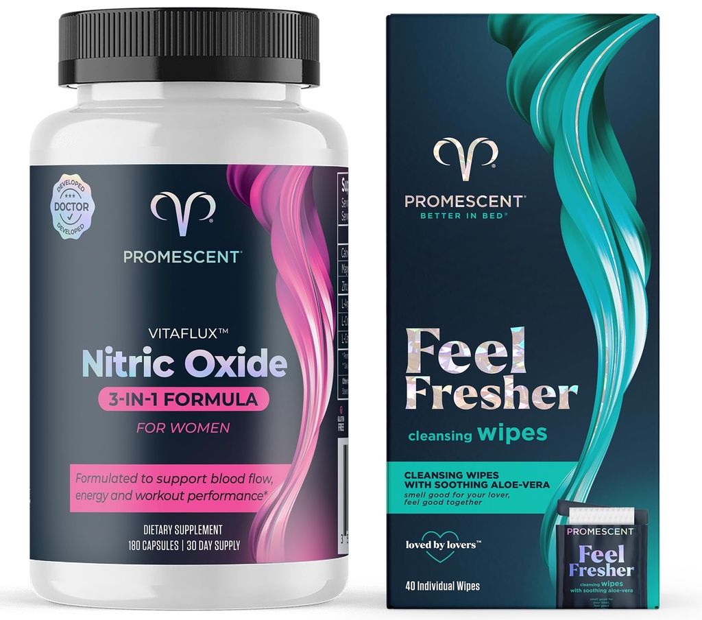 Promescent VitaFLUX Women's Nitric Oxide Booster Supplement + 大人のための洗濯できるワイプ、人のための個人的な清潔になる衛生学のぬれたワイプおよび女性の使用