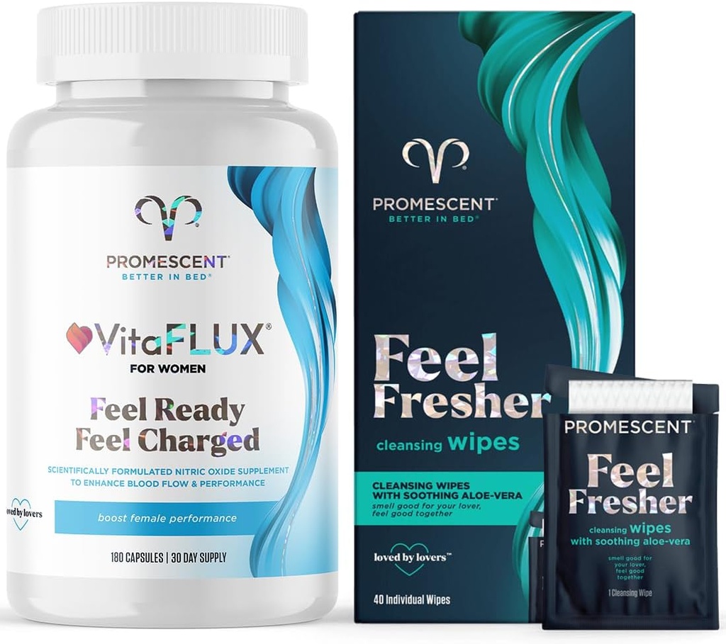 Promescent VitaFLUX Women's Nitric Oxide Booster Supplement + 大人のための洗濯できるワイプ、人のための個人的な清潔になる衛生学のぬれたワイプおよび女性の使用