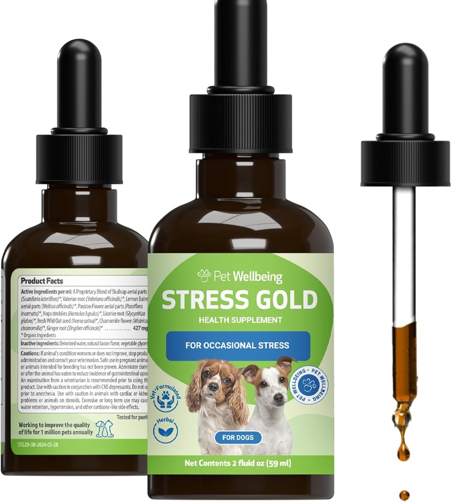 犬のためのペットウェルビーイングストレスゴールド - Vet-Formulated Situational Canine Stress Support - 迅速な行動車旅行、嵐、Vet訪問 - ホリスティックドッグハーブブレンド - 液体サポート2オンス(59ml)