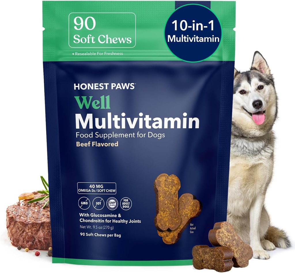 正直な足(90の計算)犬10の必須ビタミンが付いているMultivitaminの柔らかい咀嚼-接合箇所、コート、免疫、目及び中心サポート-グルコサミン、コンドロイチン及びオメガ3と-ビーフの味