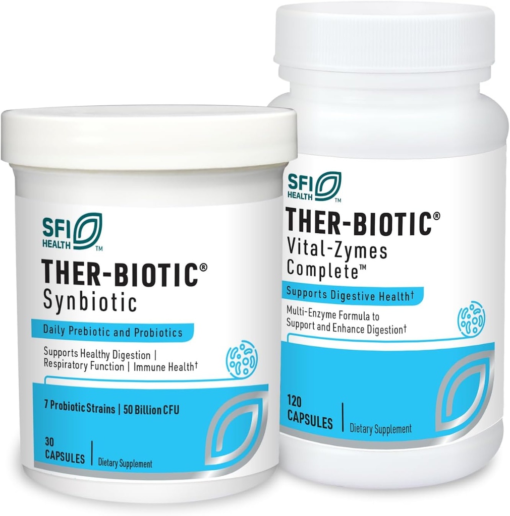 Klaire Labs Ther-Biotic Synbiotic Probiotic(30カプセル)+Vtal-Zymes Digestive Enzymes Bundle(120カウント) - 低FODMAP Probiotic Supplement + Digestion Support Enzymes - 2製品セット