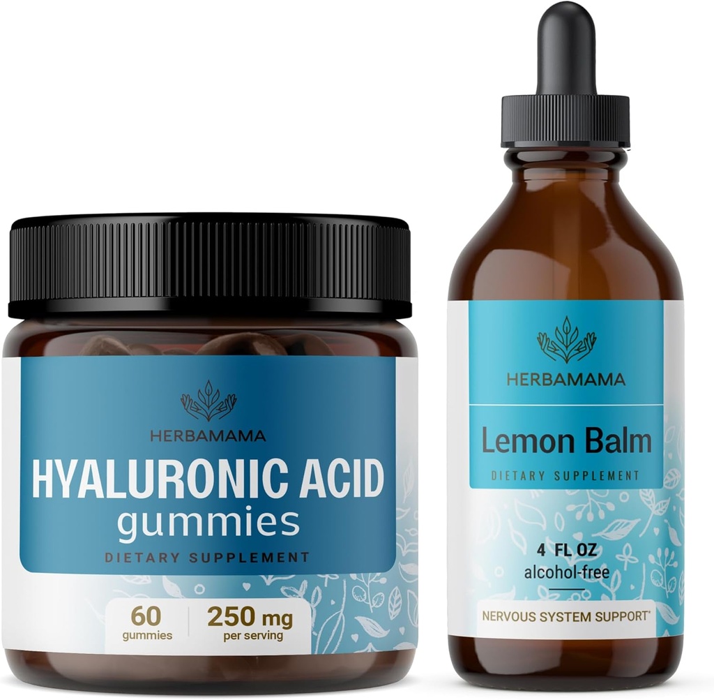 HERBAMAMA Hyaluronic酸とレモンバームキット - 250 mg Hyaluronic酸ガミー&レモンバームリーフエキス4 オンス - ビーガン、非GMO、アルコールフリー - 2パック