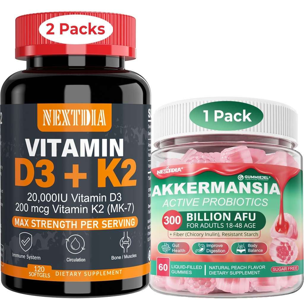 ビタミンD3 20,000 IU + K2(MK7) 200mcg Softgels + Akkermansia Probioticsプレバイオティクス繊維とグミー