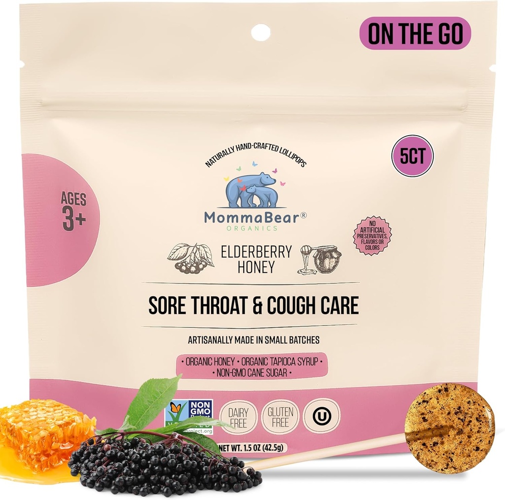 MommaBear Organics Handcrafted Kids Cough Lollipops – 自然 Sore Throat Rescue & Cough Drop Suckers for Kids 3+ – エルダーベリー・ビット, ハニー & オーガニック・フレーバー – 新鮮さのためにしっかりとシール, 5pc