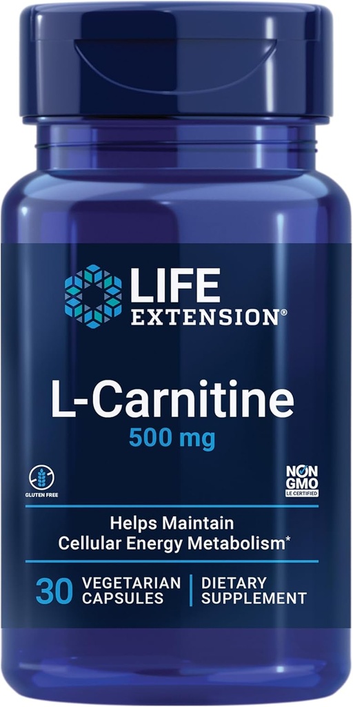 ライフエクステンションL-カルニチン - 500mg、エネルギーサプリメント、メモリサプリメント - 無料のフォームアミノ酸、ニトリ酸化物サポート、健康な血圧 - グルテンフリー、非GMO、ベジタリアン - 30カプセル