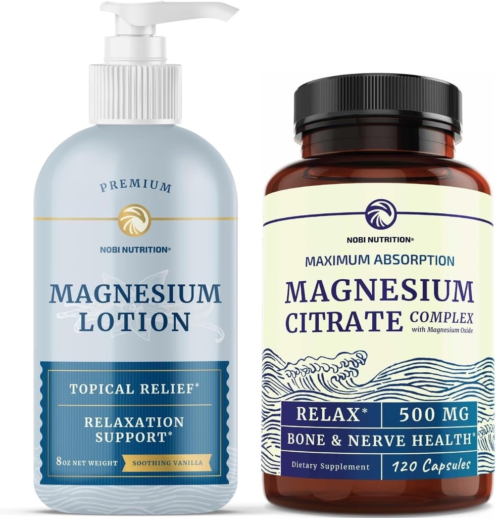Magnesium Lotion and Magnesium Citrate Supplement | Full Body Magnesium Support for Body and Mind with 8 Fl Oz Topical Magnesium Plus 2 Month Supply Magnesium Complex Pills