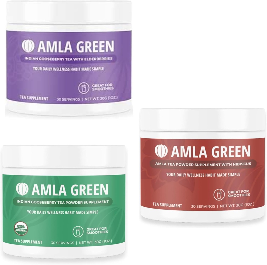 Amlaパウダー、エルダーベリー&インドゴスベリー&ハイビスカス、オーガニック、ビーガン、30サービングとグリーンティースーパーフードサプリメント
