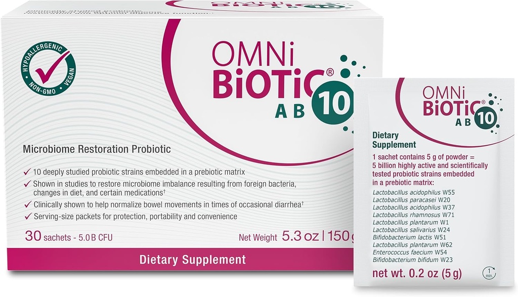 OMNi BiOTiC AB 10 - Clinically Tested Restorative Probiotic - Supports & Restores Gut Flora & Digestion - Digestive Probiotic for Diarrhea - Vegan, Hypoallergenic, Non-GMO (30 Daily Packets)