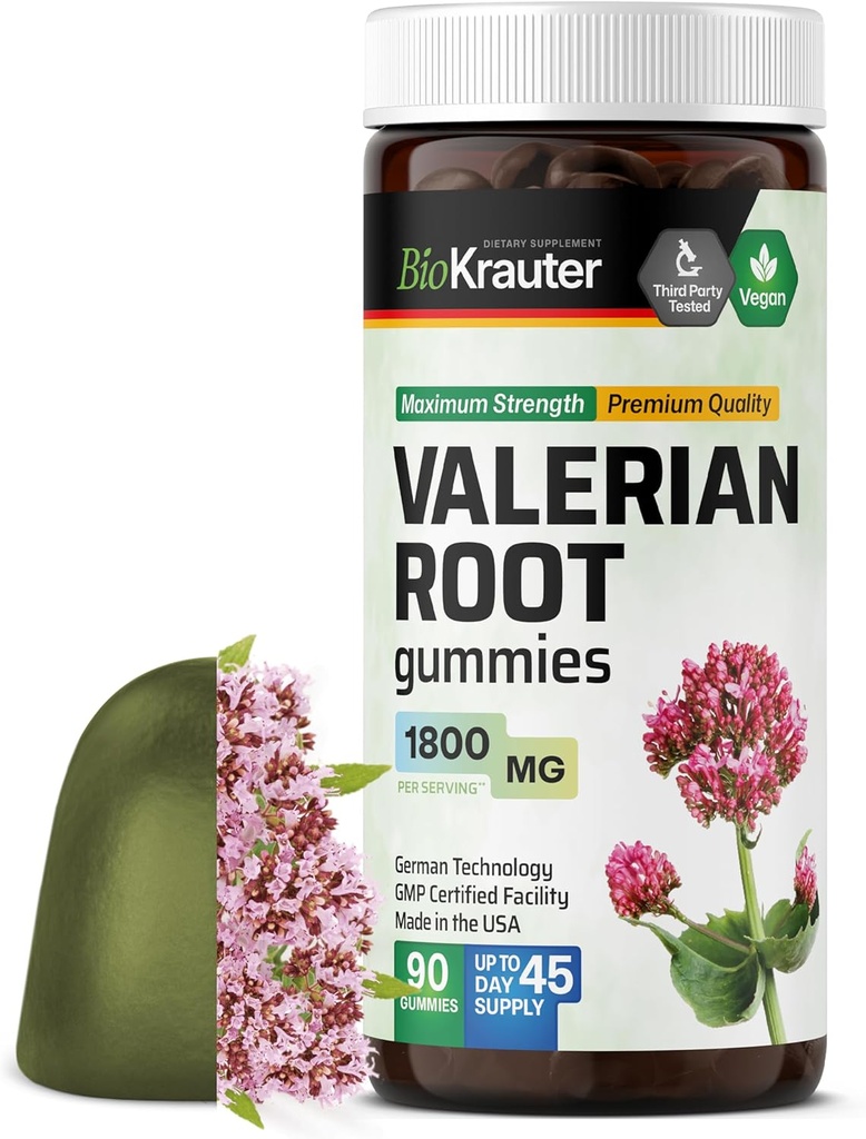 BIO KRAUTER Valerian Root Gummies - 1800 mg 強度 - 90 ビーガン咀嚼 - No Melatonin - サポートリラクゼーションとカロリー - Valerian Root 抽出物