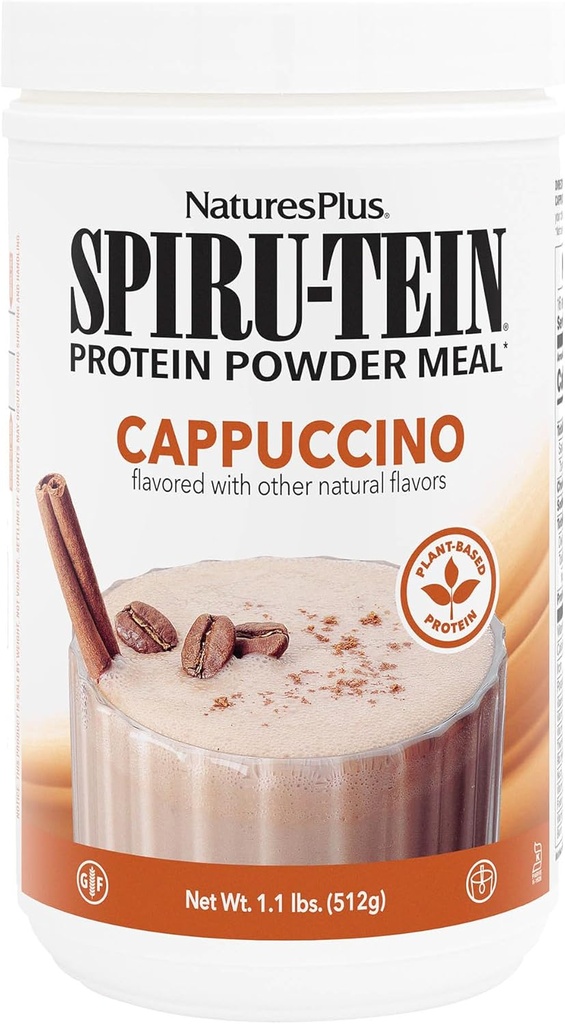 NaturesPlus SPIRU-TEIN Shake - Cappuccino Flavor - 1.1 lbs, Spirulina Protein Powder - Plant Based Meal Replacement, Vitamins & Minerals For Energy - Vegetarian, Gluten-Free - 16 Servings