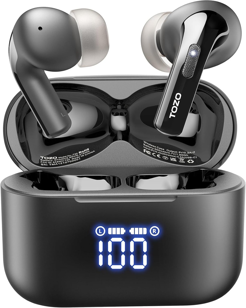 TOZO T20の無線Earbuds BluetoothのヘッドホーンLEDのデジタル表示装置、IPX8の48.5 Hrsの再生時間防水、二重Micの電話騒音のキャンセル10mmの無線充満場合の広い範囲のスピーカー