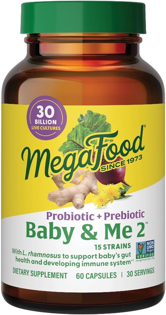 MegaFood Baby & Me 2 Prenatal Prebiotics and Probiotics for Women & Developing Baby with 30 Billion CFU, Vegetarian and Non-GMO, 60 Caps (30 Servings)