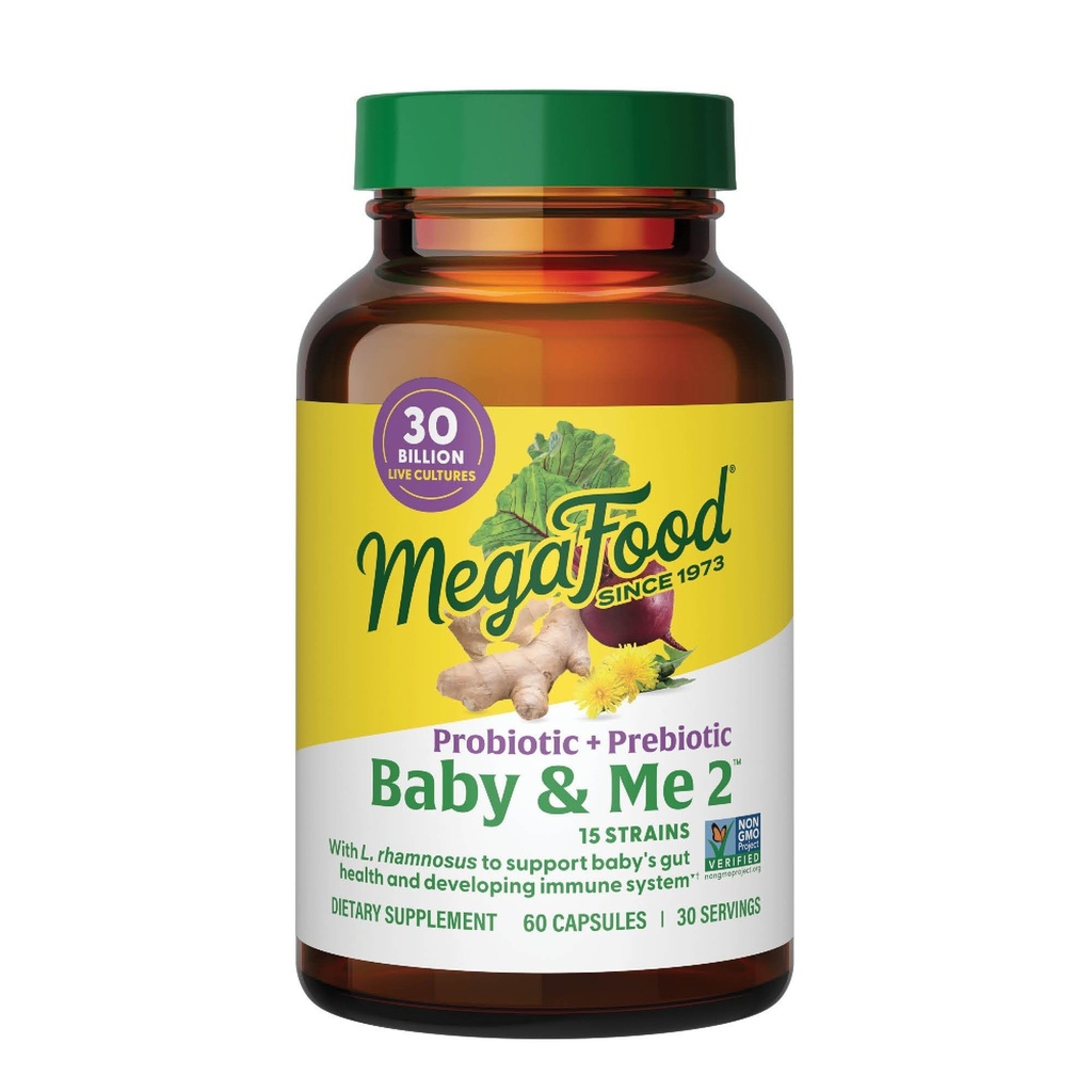 MegaFood Baby & Me 2 Prenatal Prebiotics and Probiotics for Women & Development Baby with 30 Billion CFU, ベジタリアンと非GMO, 60キャップ (30 サービング)
