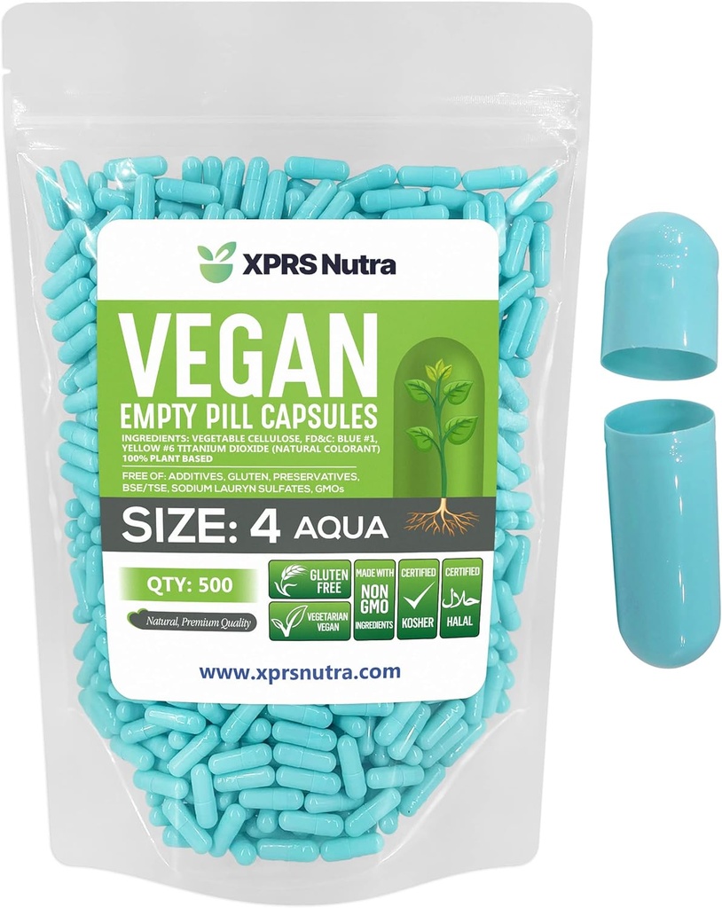 XPRSのNutraのサイズ4の空のカプセル- 500の計算の小さい空のビーガンのカプセル-DIYの野菜カプセルの詰物-満たされたD-It-あなた自身の野菜の丸薬は補足(アクア)のための帽子をおおいます