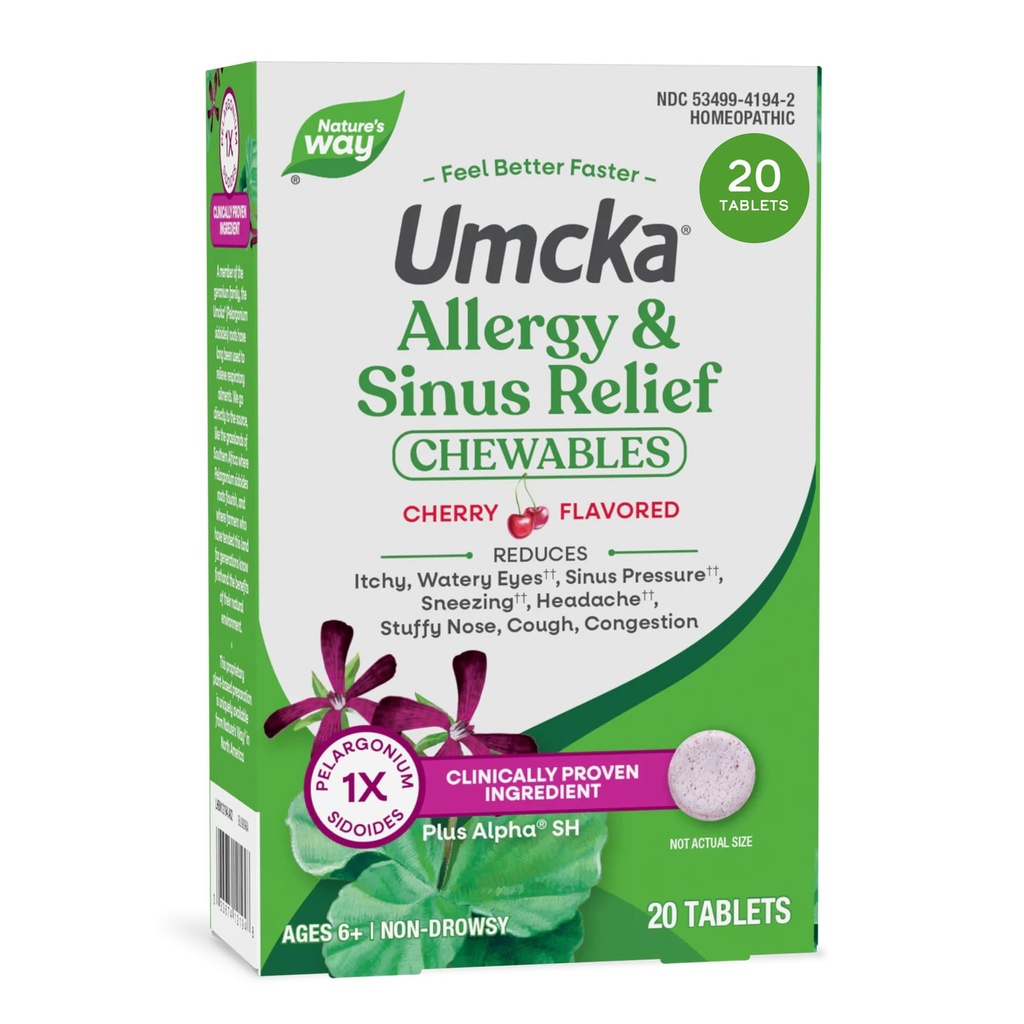Nature's Way Allergy+Sinus救済Chewables, Umcka, Sneezing*, Runny Nose*, Headache*, Cough, Congestion, No Phenylephrine, Non-Drowsy, Cherry Flavored, 20 Chewable錠 (Packaging May Vary)
