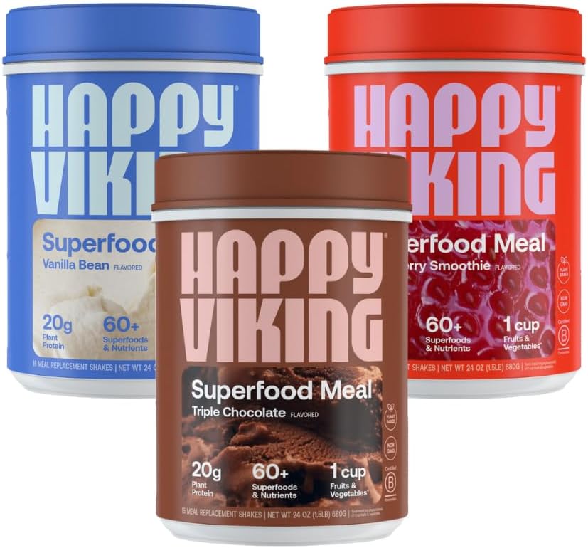 ハッピーバイキングチョコレート、バニラとイチゴパウダー、ヴィーナスウィリアムズ、20Gプロテイン、ローカラブ、ケト、ビーガン、グルテンフリー、スーパーフード、完全な食事の交換、3キャニスター(24oz)。 それぞれ)