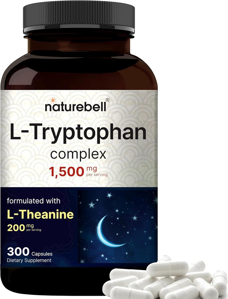 NatureBell Lトリプトファン1300mgとLテアニン200mg、300カプセル  アクティブフリーフォーム、植物ベースのサプリメント - カルムフォーミュラ、サポートリラックス - 非GMO&ノーグルテン