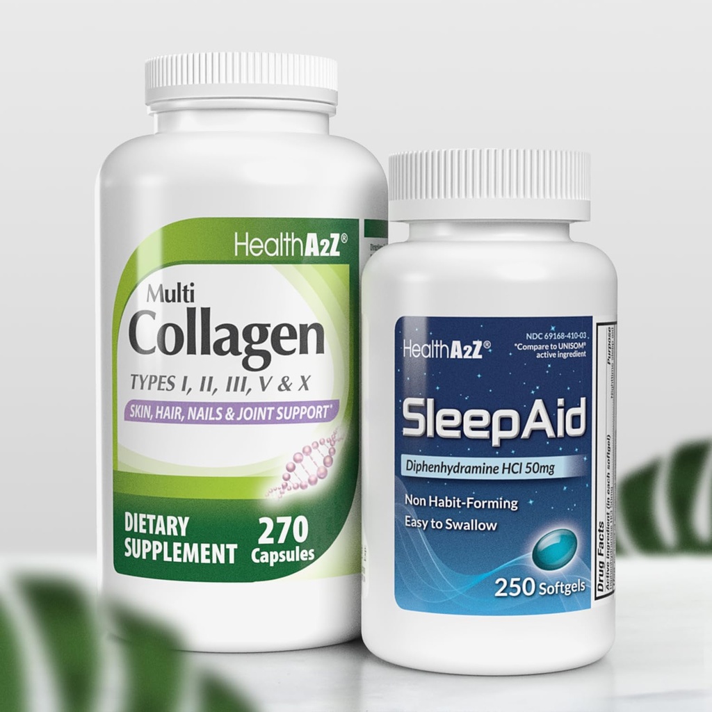 HealthA2Z® Sleep & Rejuvenate Combo Sleep Aid 50mg Diphenhydramine HCl (250 Softgels) Multi Collagen Pills, 1735 mg (270 Collagen Capsules) – Bundle Deal!