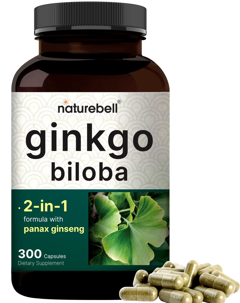 NatureBell Ginkgo Biloba 6,000mg with Panax Ginseng 500mg per サービング   300カプセル - 最大強度のGinko Bilobaエキスサプリメント - メモリ、フォーカス、および脳の健康を促進