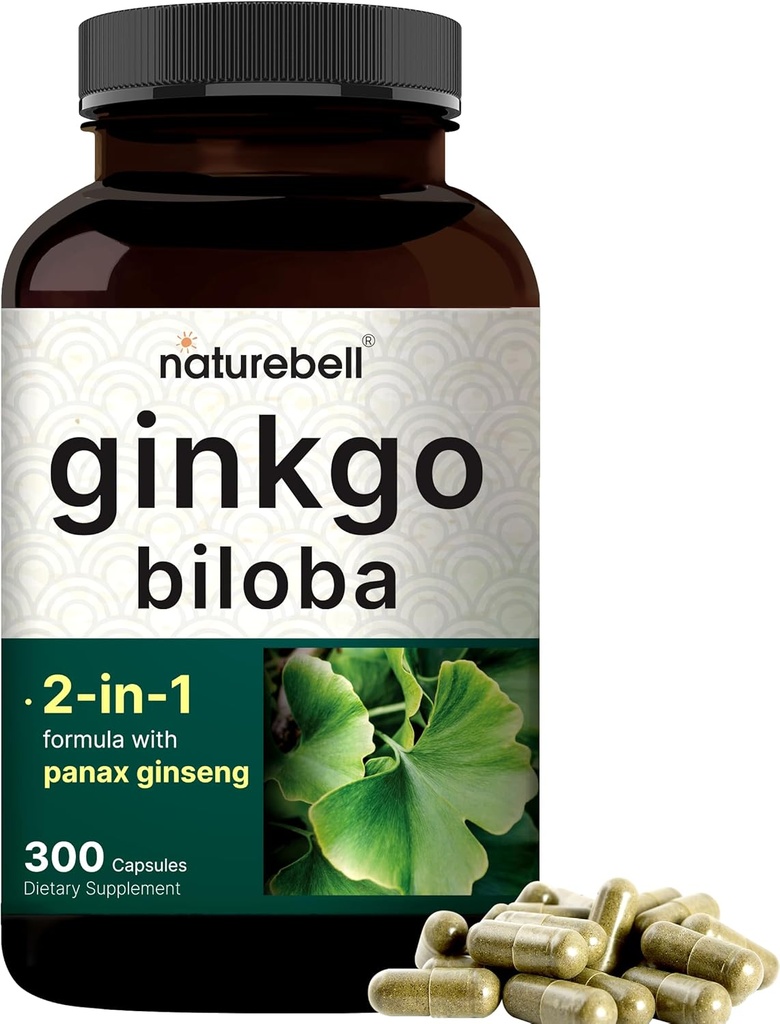 NatureBell Ginkgo Biloba 6,000mg with Panax Ginseng 500mg per サービング   300カプセル - 最大強度のGinko Bilobaエキスサプリメント - メモリ、フォーカス、および脳の健康を促進