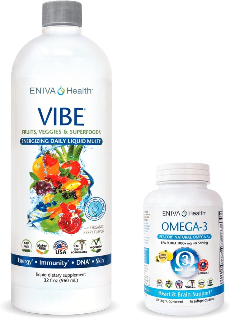 Eniva Vibeのフルーツの液体の毎日のMultivitamin (32oz)およびOmega-3の魚油(60の帽子)