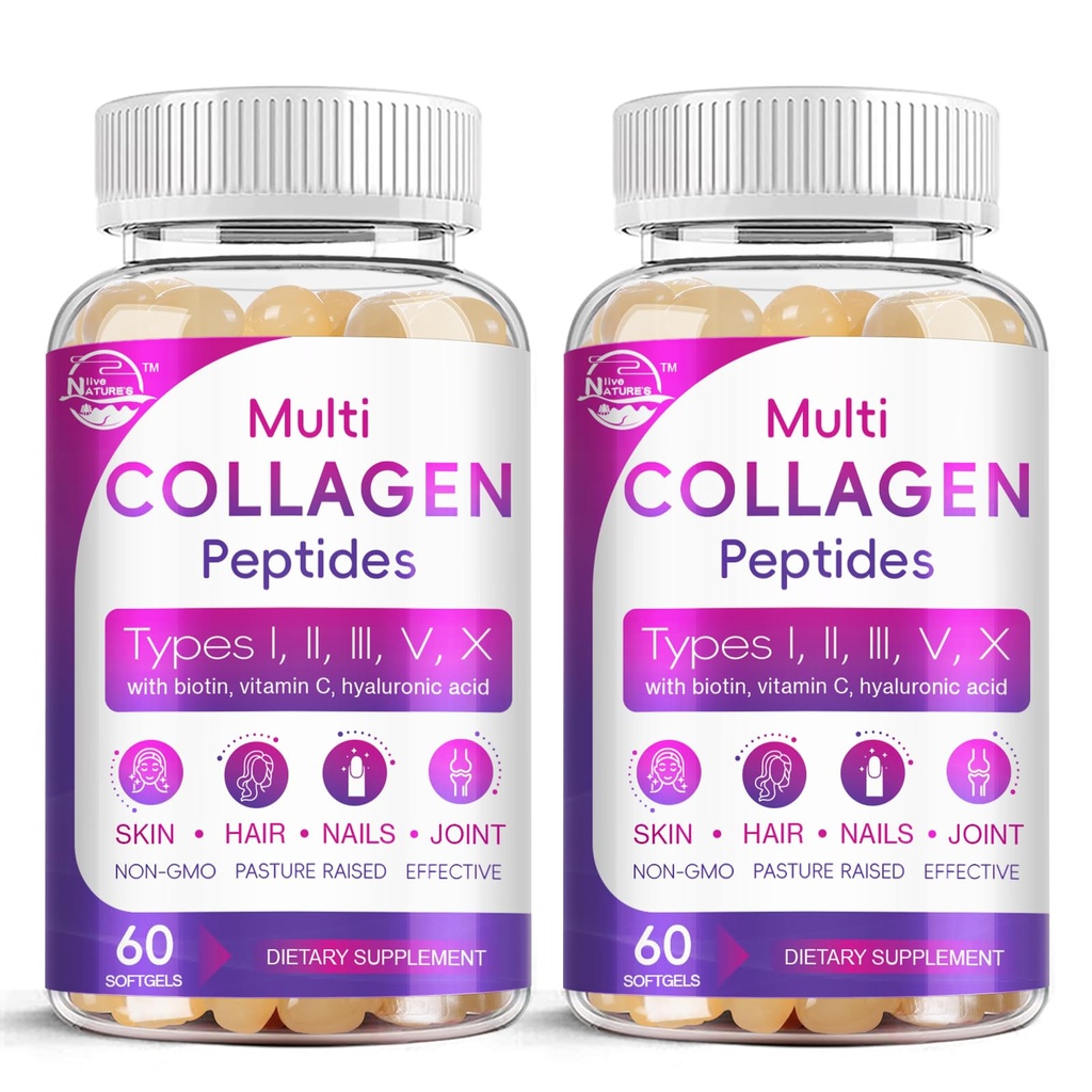 多コラーゲンのペプチッドSoftgel -タイプI、II、III、V、X -Biotin、ビタミンC、Hyaluronic酸が付いている加水分解されたコラーゲンのペプチッド、サポート皮の毛の釘、草供給された、非GMO、60 Softgel、2のパック