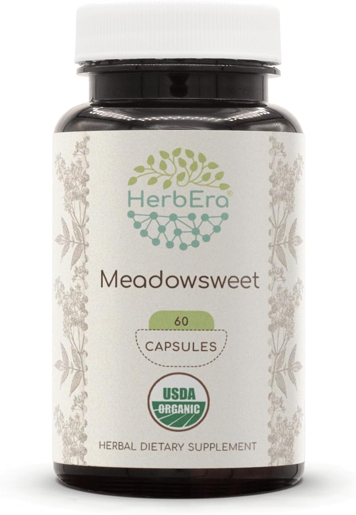 HerbEra Meadowsweet USDA オーガニック 60 カプセル | 天然ハーブ サプリメント | 認定オーガニック ベジタリアン カプセルとオーガニック メドウィット (Filipendula ulmaria) 乾燥ハーブ (60 カプセル)