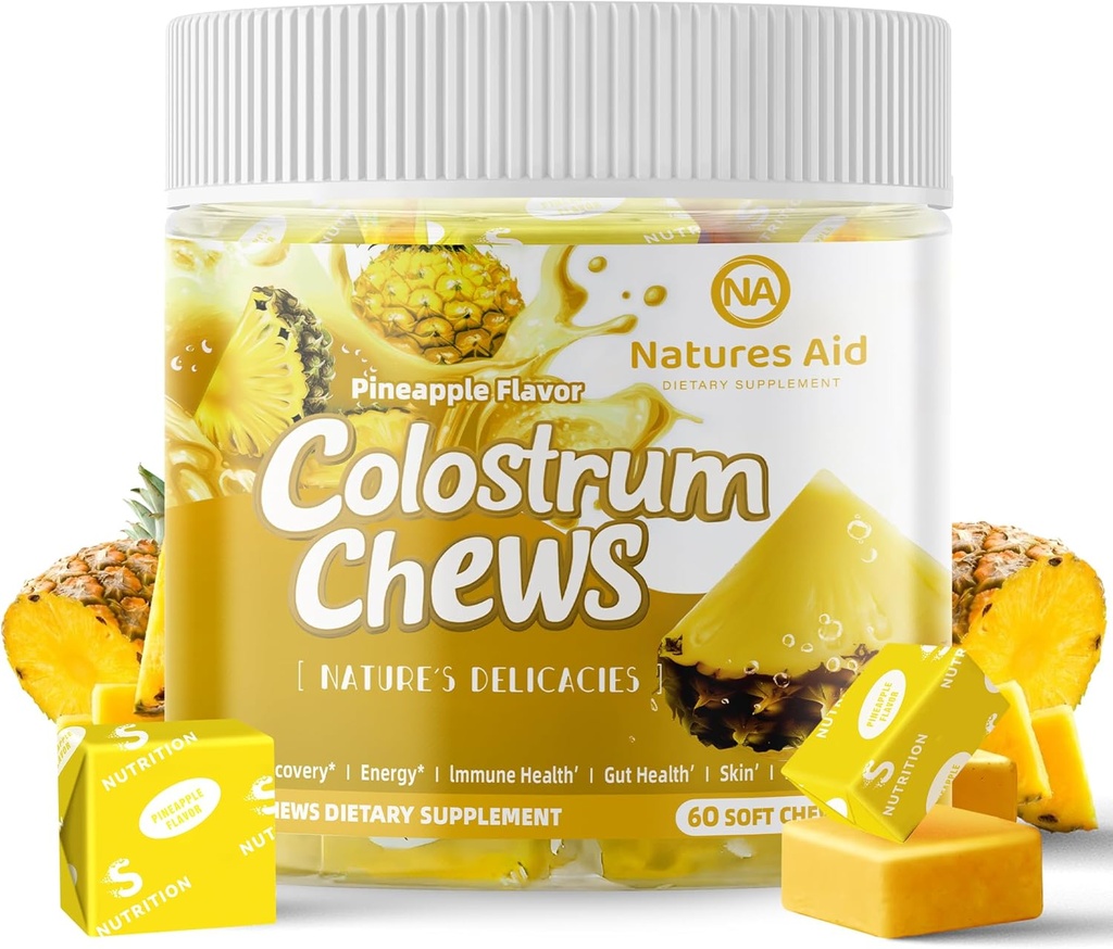 Colostrum ChewsはGut Health、Bloating、免疫サポート、スキン、毛の成長および美のためのprobioticsと補足します - パイナップルの味(60のサービング)