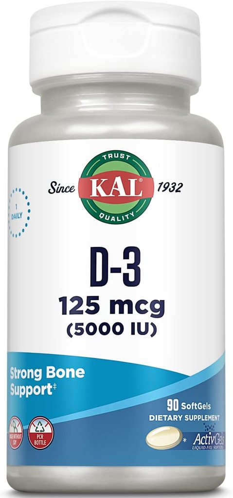 KALのビタミンD3 5000 IUのSoftgels (125のmcg)、ビタミンDの活動的な形態、カルシウム吸収、骨の健康、免疫サポート補足、液体は大豆なしで、90のサービング、90のSoftgels満たされました