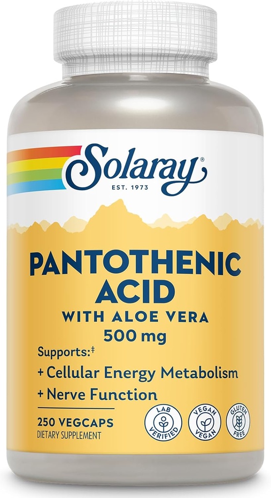 SOLARAY Pantothenic Acid 500mg - Pantothenic Acid Supplement (Vitamin B5) - Essential B Complex Vitamin - Nervous System and Cellular Energy Support - Vegan, Gluten Free, 60-Day Guaratee, 250 Servings