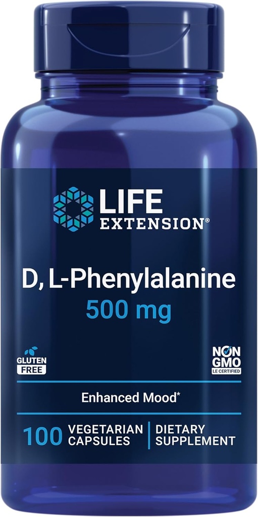 Life Extension D, L-Phenylalanine Capsules, 500 mg – Supports Mood Health, Promotes Neurotransmitter Health – Gluten-Free, Non-GMO, Vegetarian – 100 Capsules