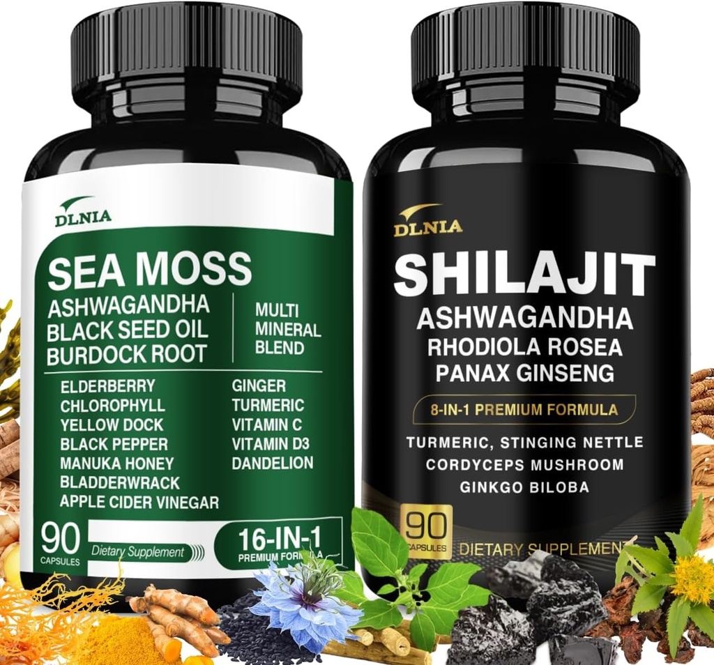 Shilajit 9000mg、海苔17500mg、ジンジャー&ブラックシードオイル4000mg、アシュワガンダ5000mg、Rhodiola Rosea、1000mg Panax Ginseng 1500mg、すべての1つのサプリメント - 海苔&Shilajitバイタリティバンドル