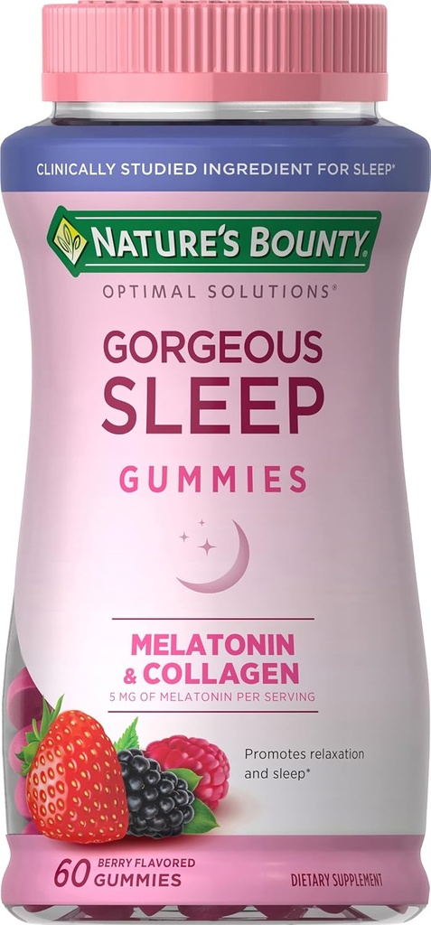 Nature's Bounty Optimal Solutions Gorgeous Sleep Melatonin 5mg Gummies with Collagen, 60 Count, Assorted Fruit Flavors, 30 Total Servings