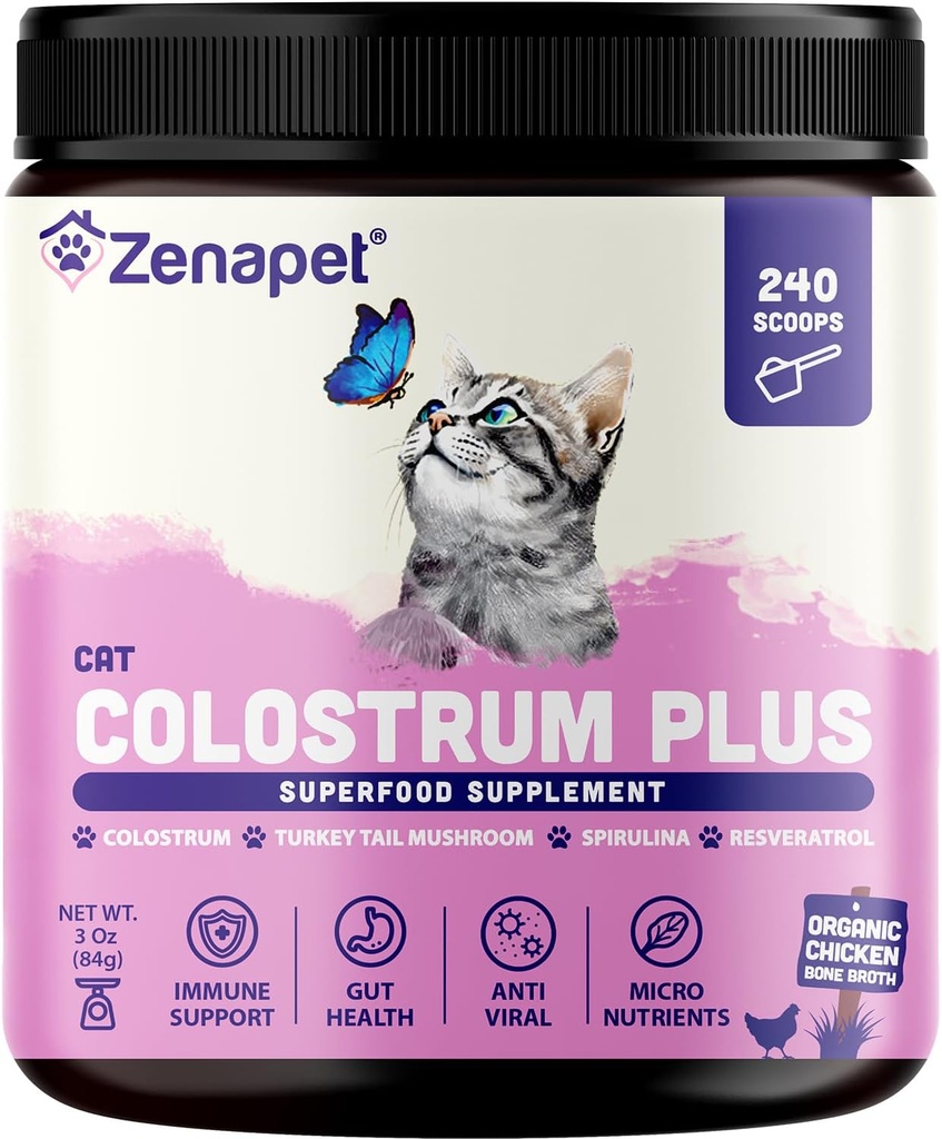 ゼンアペット猫のColostrumプラスプレミアムパウダートッパー、免疫&消化健康サプリメント、240サービング(8ヶ月の供給)、米国製スキン&コートをサポート