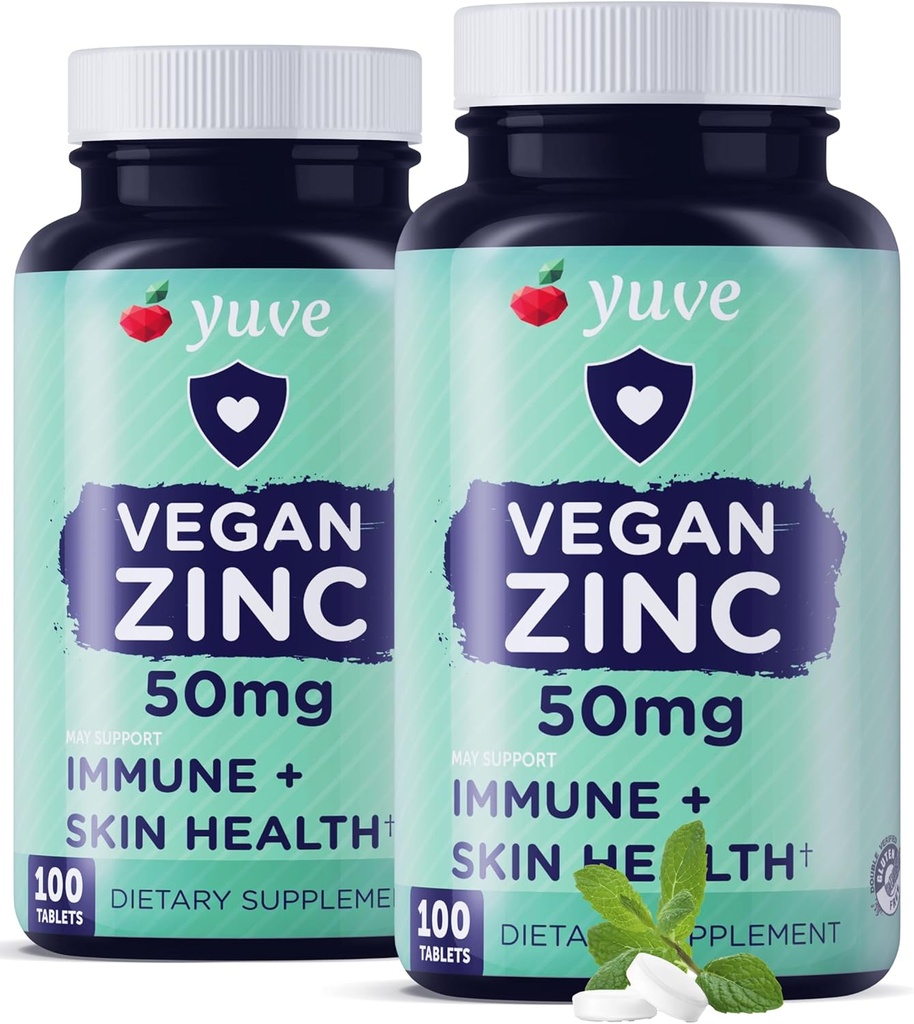 Yuveナチュラルビーガン亜鉛ビタミンは50mg、最高免疫サポート、コールドスとフルスからの高速救済、アクネフリースキン、健康なホルモンレベル、非GMO、グルテンフリー&砂糖無料 - 100ベジータブ(2パック)