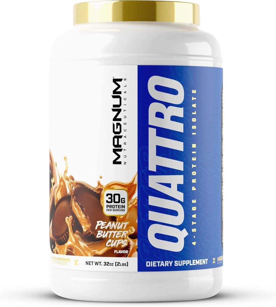 Magnum Nutraceuticals Quattro Whey Protein Powder, Peanut Butter Cup 2lb – 筋肉の成長と回復のための優れたタンパク質隔離ブレンド