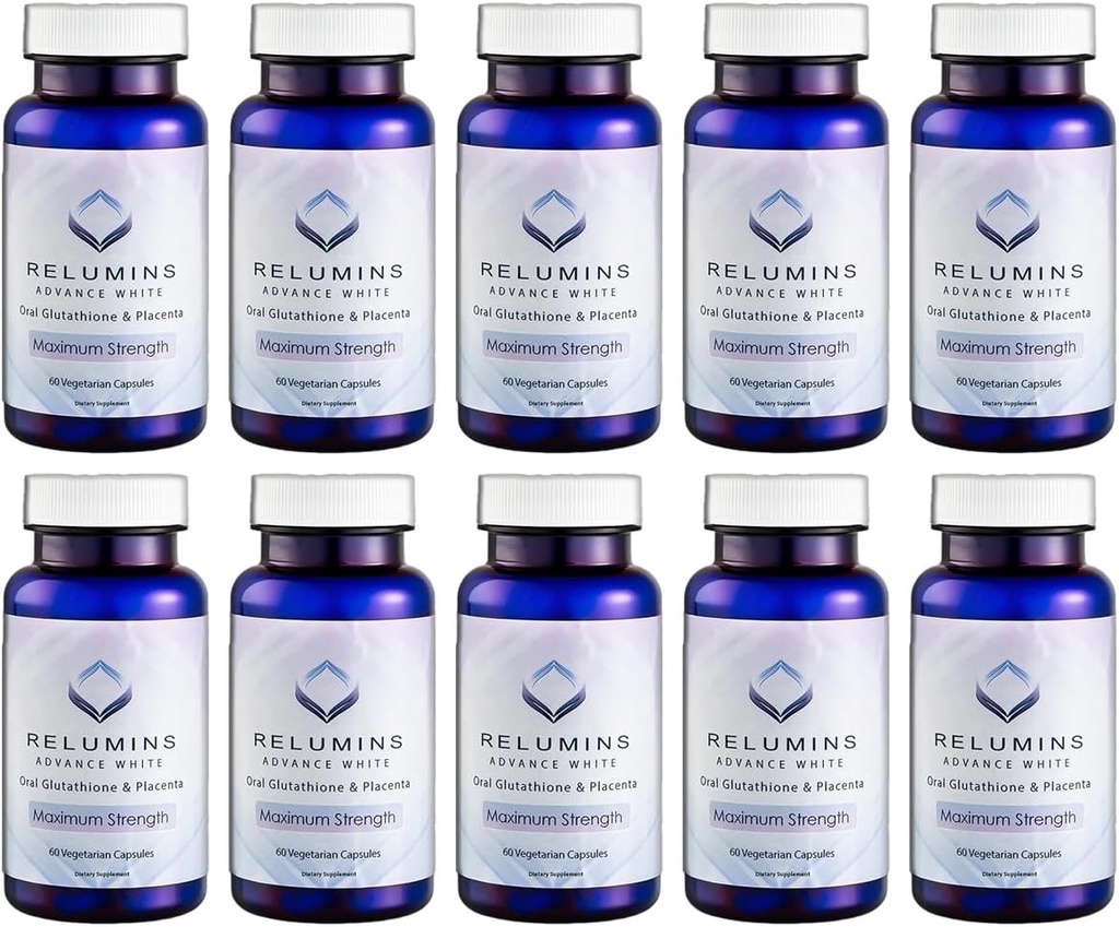 Relumins Advanced White Glutathione Capsules - Max Strength Brightening Supplement with ALA, Placenta, Rose HIPS & Vitamin C - Fights Oxidative Stress, Supports Collagen & Made in USA - 10 Bottles