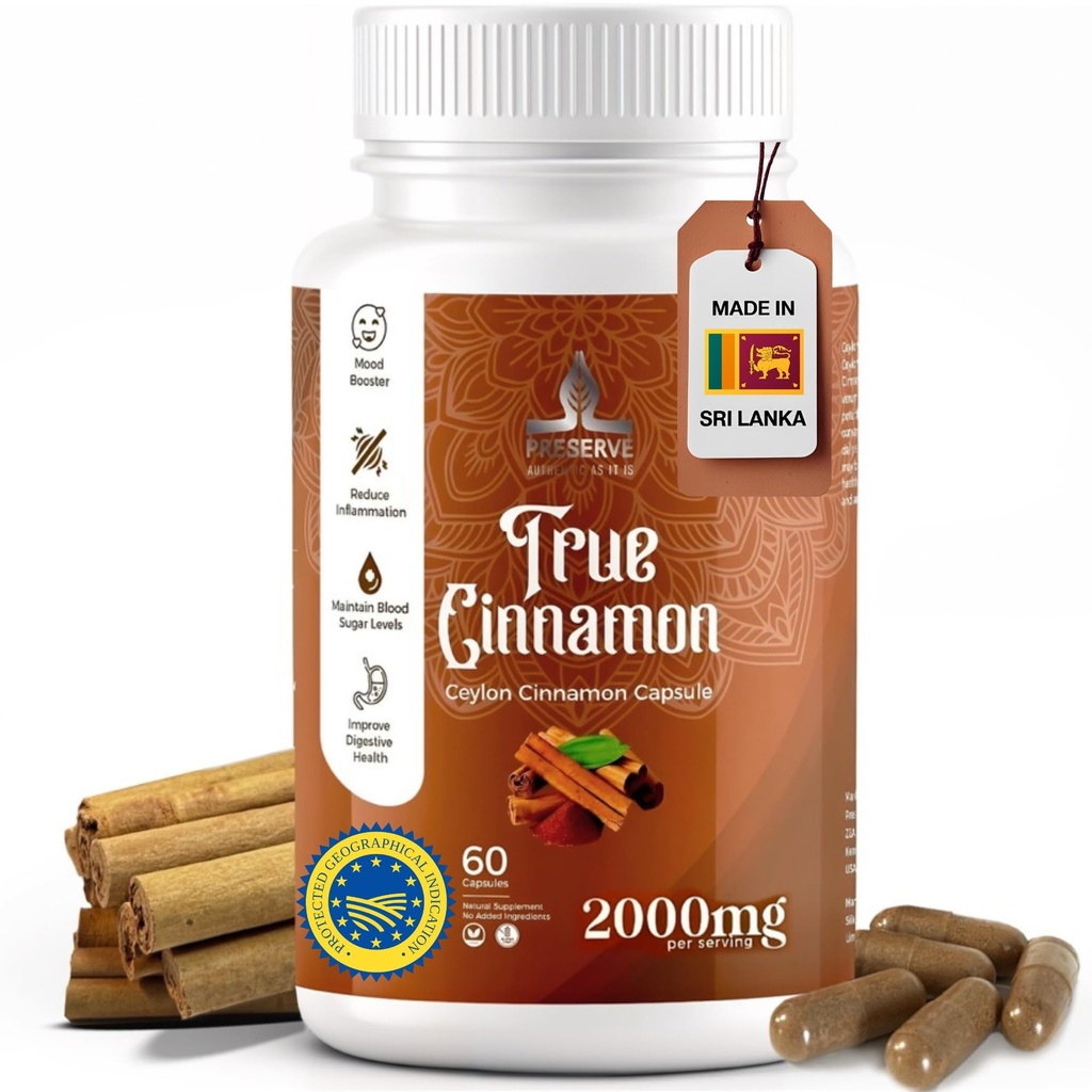ピュア・セイロン・シナモンカプセル、2,000mg、2ヶ月のサプリメント|スリランカ製|Non-GMO、グルテンフリー、スリランカ産の真のシナモン、100%ピュア・シナモン(カシアとNOTミックス)。