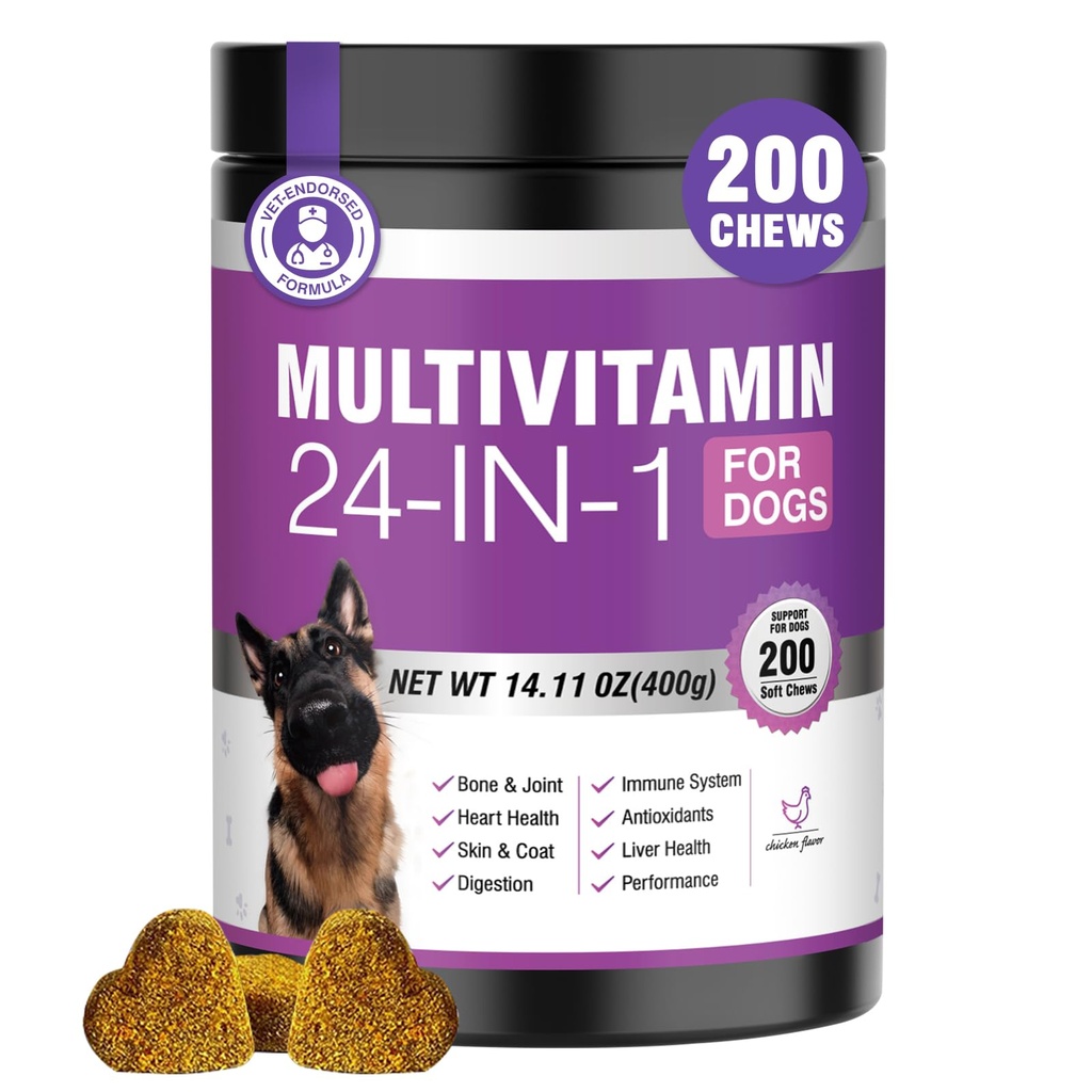 24in-1犬のビタミンとサプリメント 200 Ct犬マルチビタミンC チャンドロイチンプロバイオティクスオメガ-3 犬用グルコサミン コートハートジョイントガット肝臓脳の目の免疫サポート - チキン