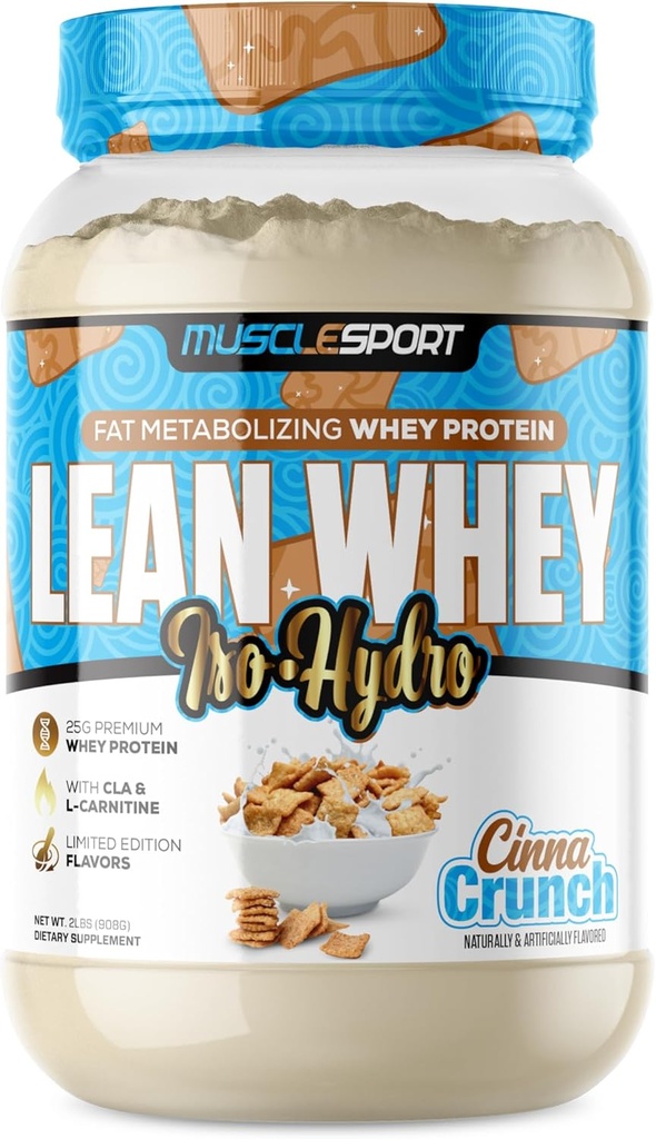 Musclesport Lean Whey RevolutionTMプロテインパウダー - Wheyプロテインアイソレート - 低カロリー、低炭水化物、低脂肪、信じられないほどの味 - スコープあたり25gプロテイン - 2lb Cinna Crunch