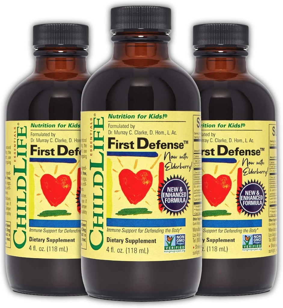 CHILDLIFE ESSENTIALS First Defense - Kids Immune Support, Immune Support for Kids, Toddlers 1-3, Babies 6 Months+, Vitamin Syrup with Elderberry, Zinc, Non GMO, Gluten Free - 4 Fl Oz (Pack of 3)