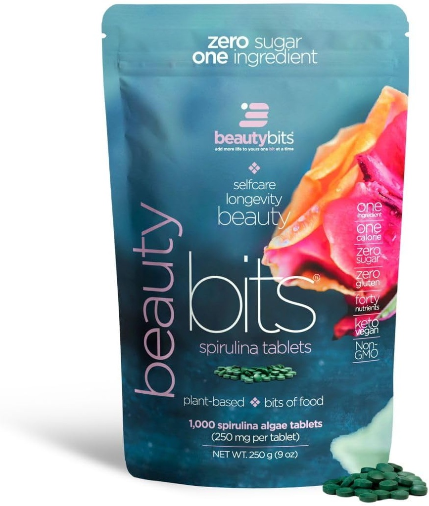BeAUTYbits - 有機スピルリナ錠 - Algaeスーパーフード - コラーゲン、プロテイン、クロロフィル - 髪、爪、スキンケア - ビーガン、ケト、グルテンフリー - セルフケア - スキンケア美容ギフト - 1000錠バッグ