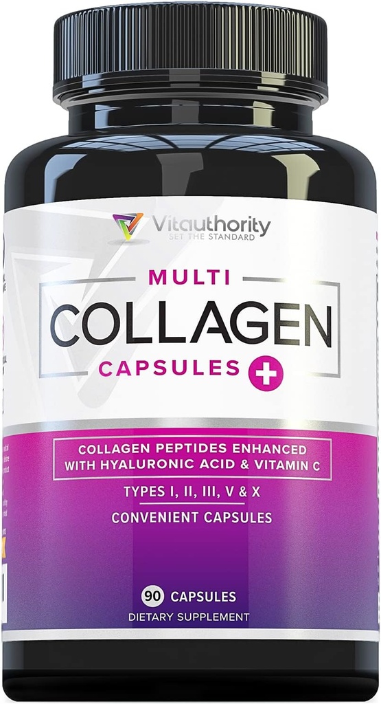 Multi Collagen Peptides Capsules for Women - Hydrolyzed Collagen for Women Pills with Types I II III V & X Plus Vitamin C & Hyaluronic Acid for Beautiful Hair Skin and Nails - 30 Servings