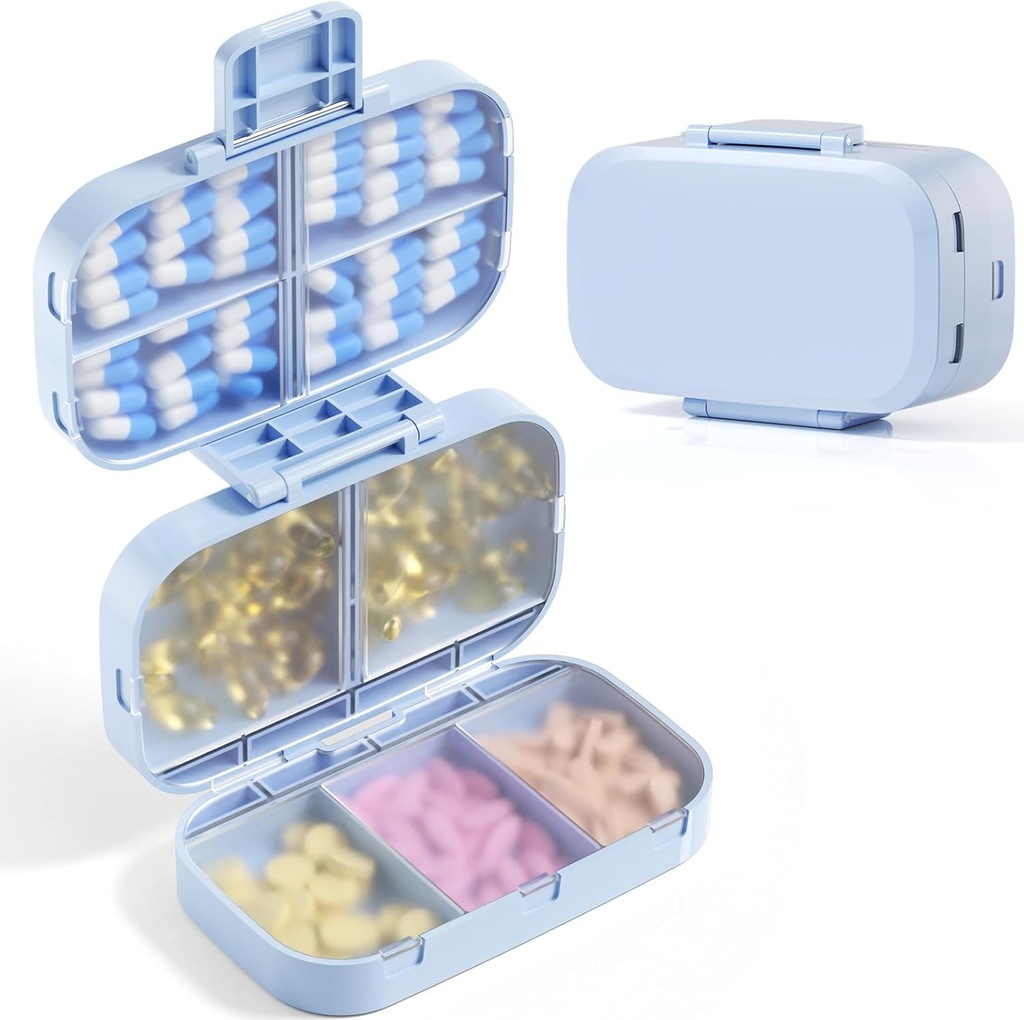MEACOLIAの三倍の折る丸薬のオルガナイザー、大容量の9 Compartments旅行丸薬の箱、ビタミン、タラのレバー オイル、補足(青)のための毎日の丸薬箱の小さい丸薬の容器