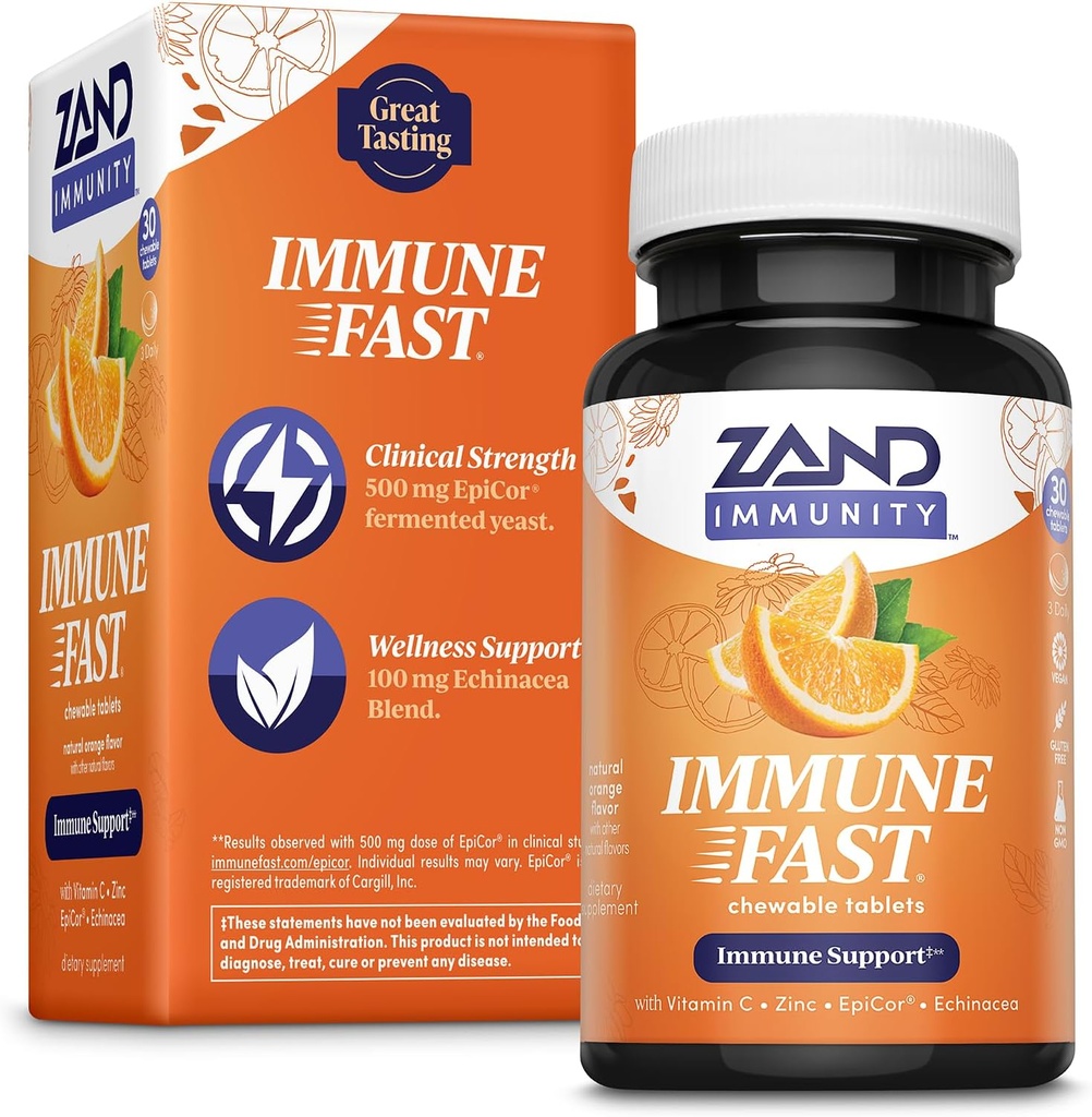 Zand Immune Fast Zesty Orange Chews | 免疫応答と細胞活動 w/EpiCor*、Echinacea、30錠、10 Serv.