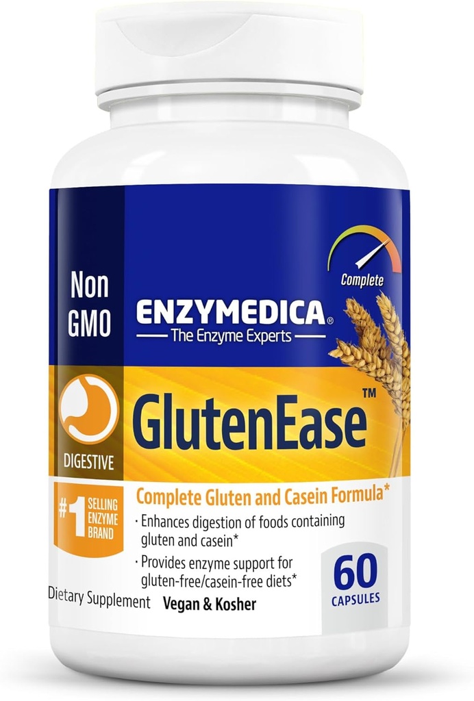 Enzymedica GlutenEase、女性と男性のための高度な消化酵素、Bloating救助と消化の健康のための高速作用式、Gluten&caseinを破壊するのに役立ちます、60カプセル