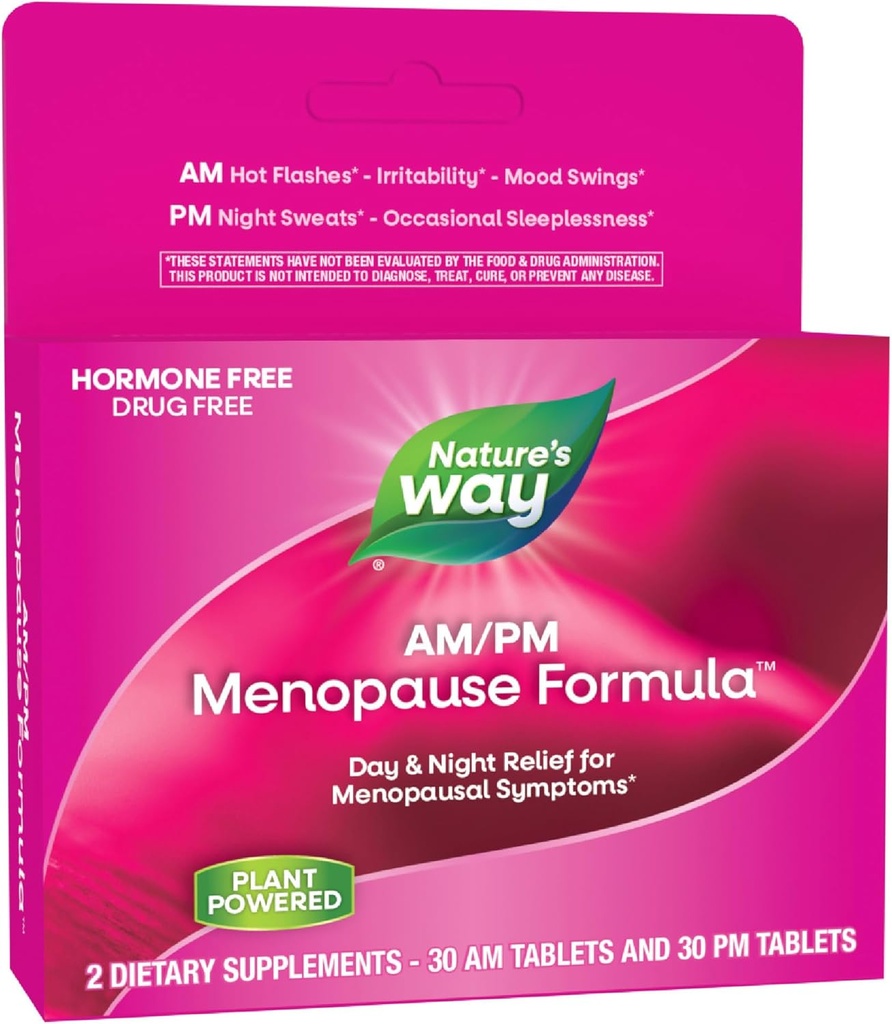 Nature's Way AM / PM Menopauseは、女性、ホットフラッシュリリーフ*、ナイトスウェット*、Resful Sleep*、Mood Swings*、Black Cohosh、Theanine、Valeian、60錠のホルモンフリー式を補います
