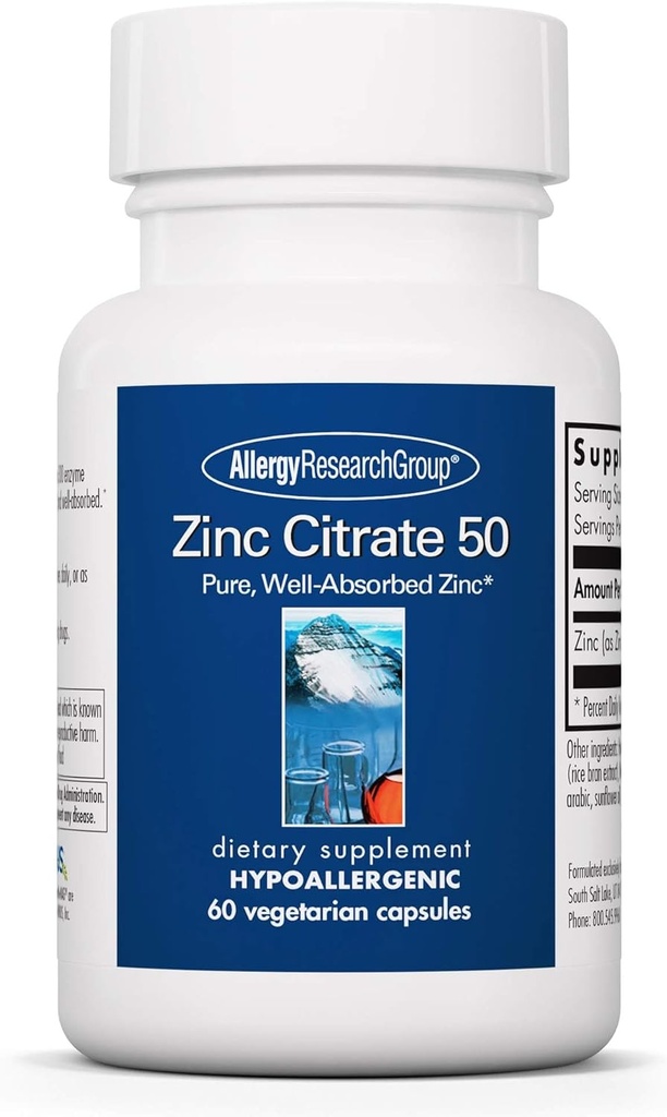Allergy Research Group Zinc Citrate Supplement - Zinc for Men & Women, Immune Support, Pure, Well-Absorbed, Well-Tolerated, Trace Mineral, 50mg Vegetarian Capsules - 60 Count