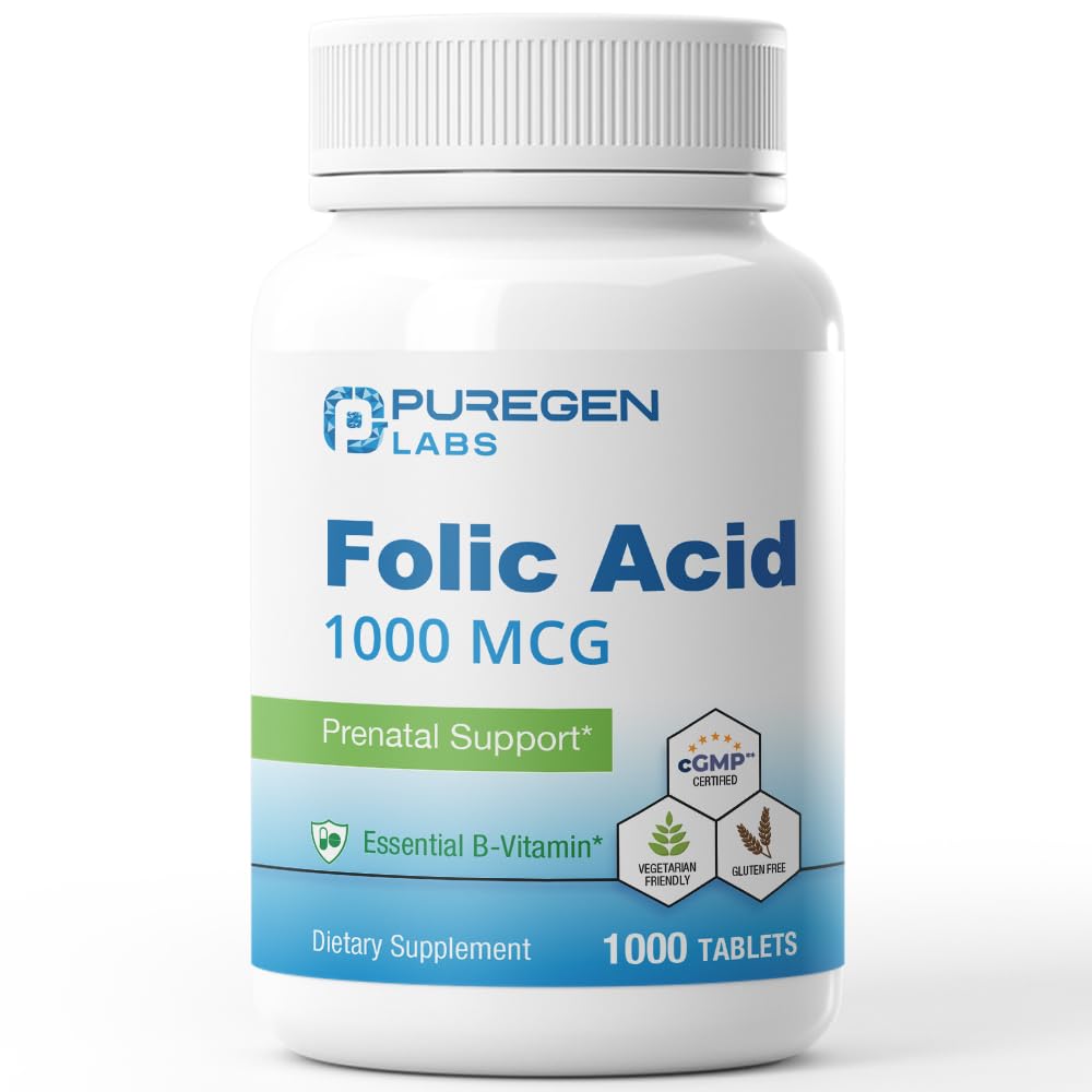 Puregen Labs Folic Acid 1000 mcg Tablets | Vitamin B9 | Non-GMO | Gluten Free | Value Size 1000 Tablets