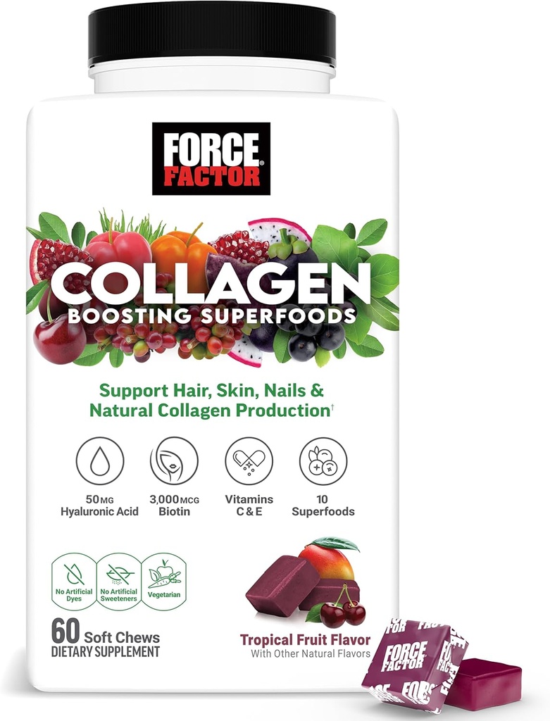 Force Factor Collagen Boosting Superfoods, Vegan Collagen Booster for Women, with Biotin, Hyaluronic Acid, and Vitamin C, for Hair, Skin, Nails, & Joint Support, Tropical Fruit, 60 Soft Chews